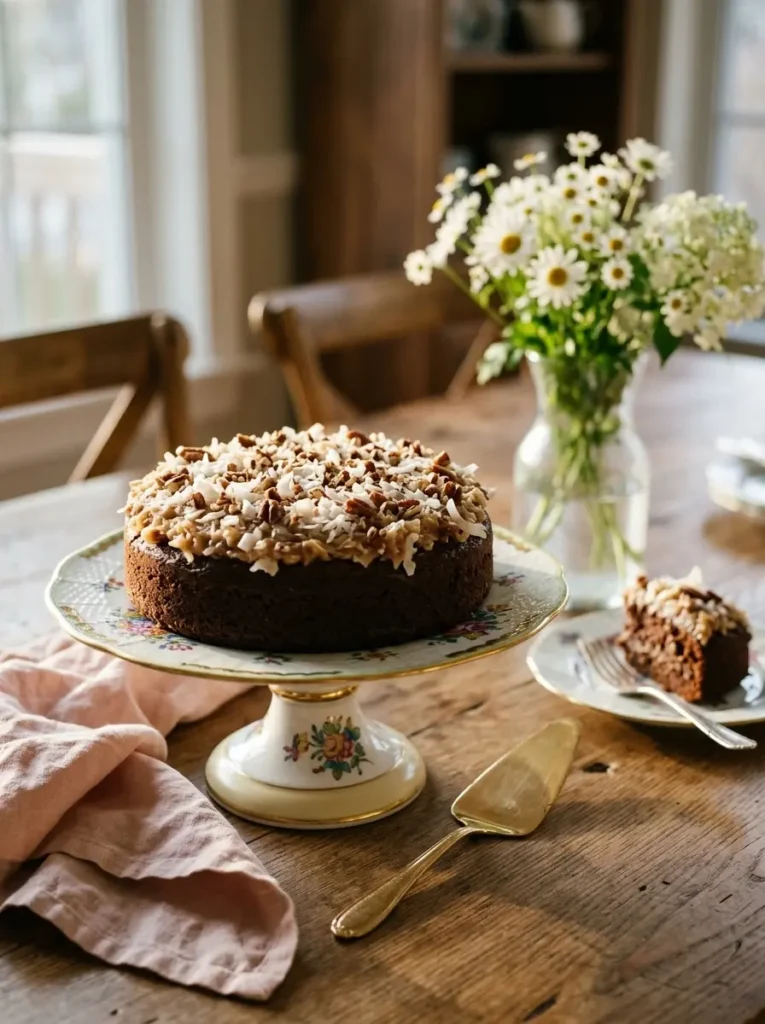 Gluten-free-German-chocolate-cake-served-at-a-birthday-celebration-with-flowers-and-gold-cake-server
