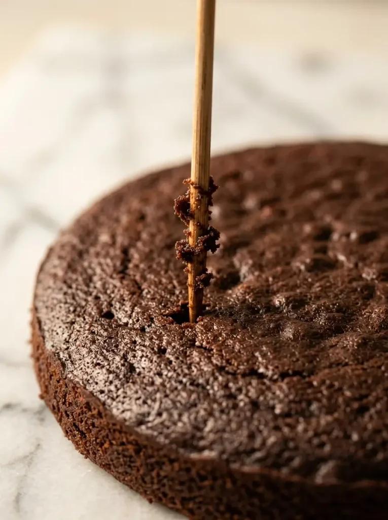 Toothpick-pulled-from-baked-chocolate-cake-layer-showing-moist-crumbs-and-no-wet-batter