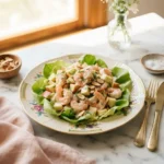 Apple almond shrimp salad piled on lettuce with toasted almonds and diced apple on a floral gold-rim plate