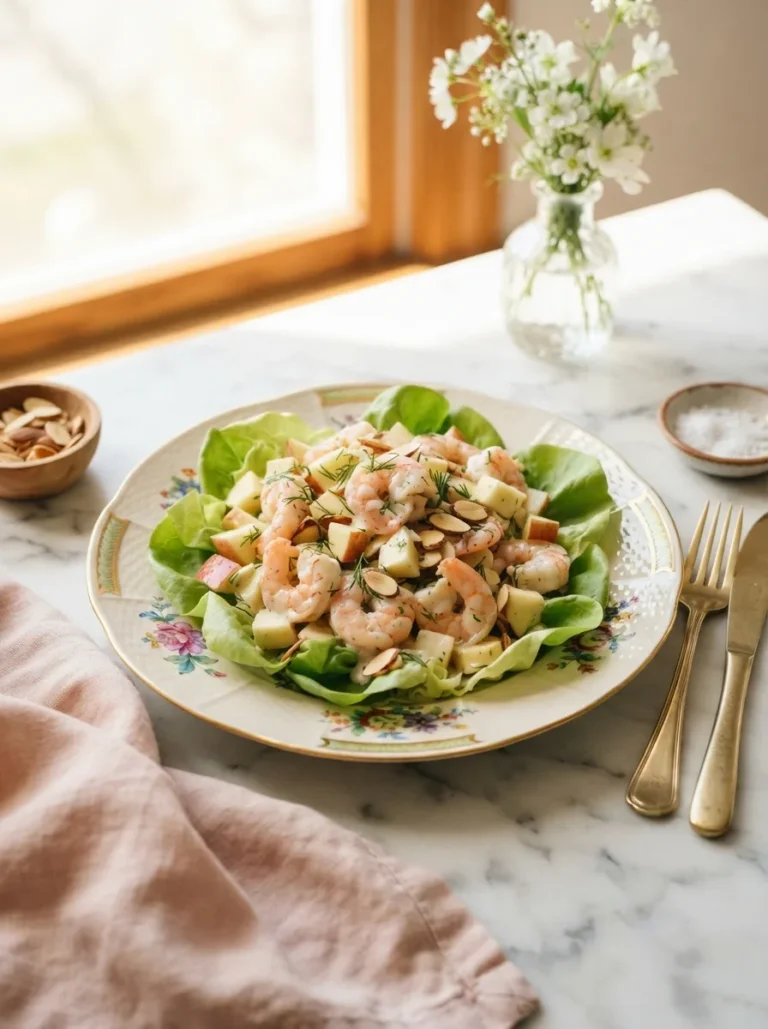 Apple almond shrimp salad piled on lettuce with toasted almonds and diced apple on a floral gold-rim plate