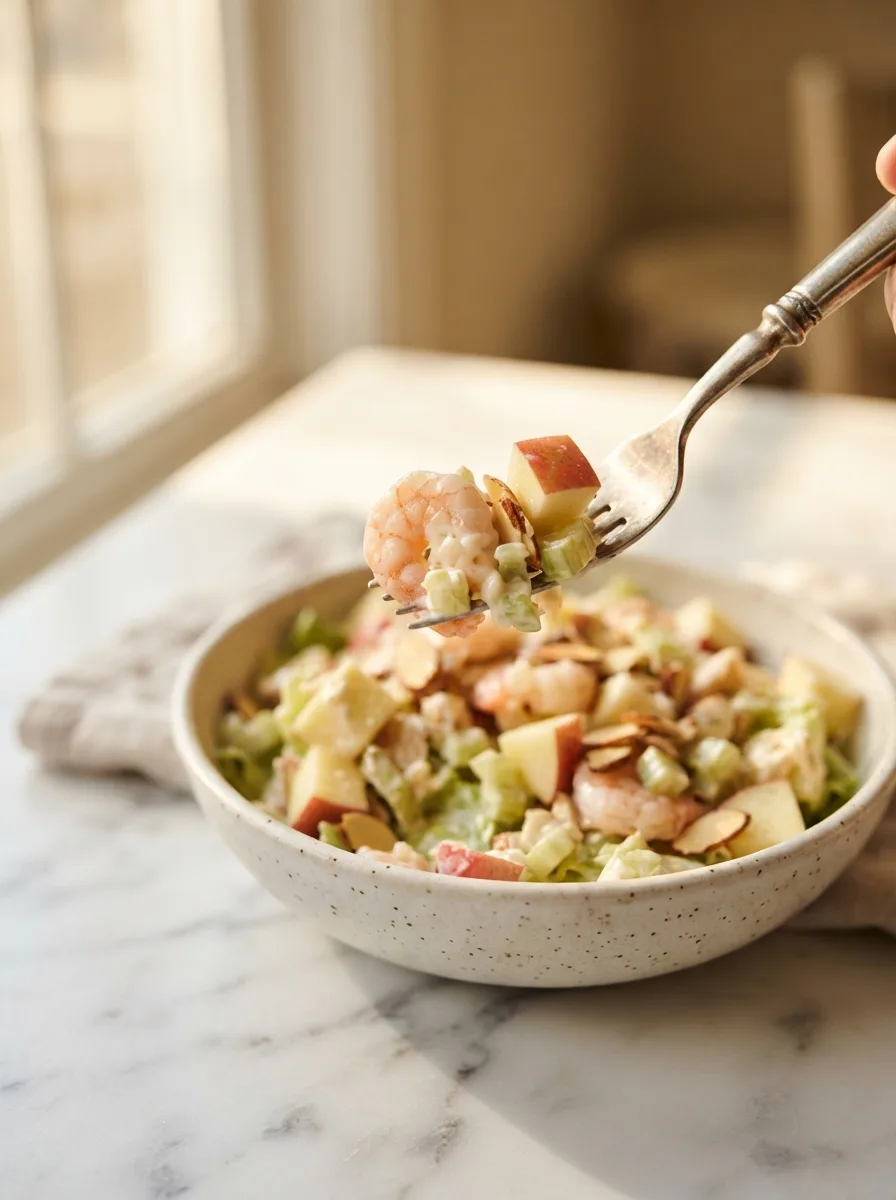 Forkful of shrimp salad showing tender shrimp, diced apple, and a toasted almond slice