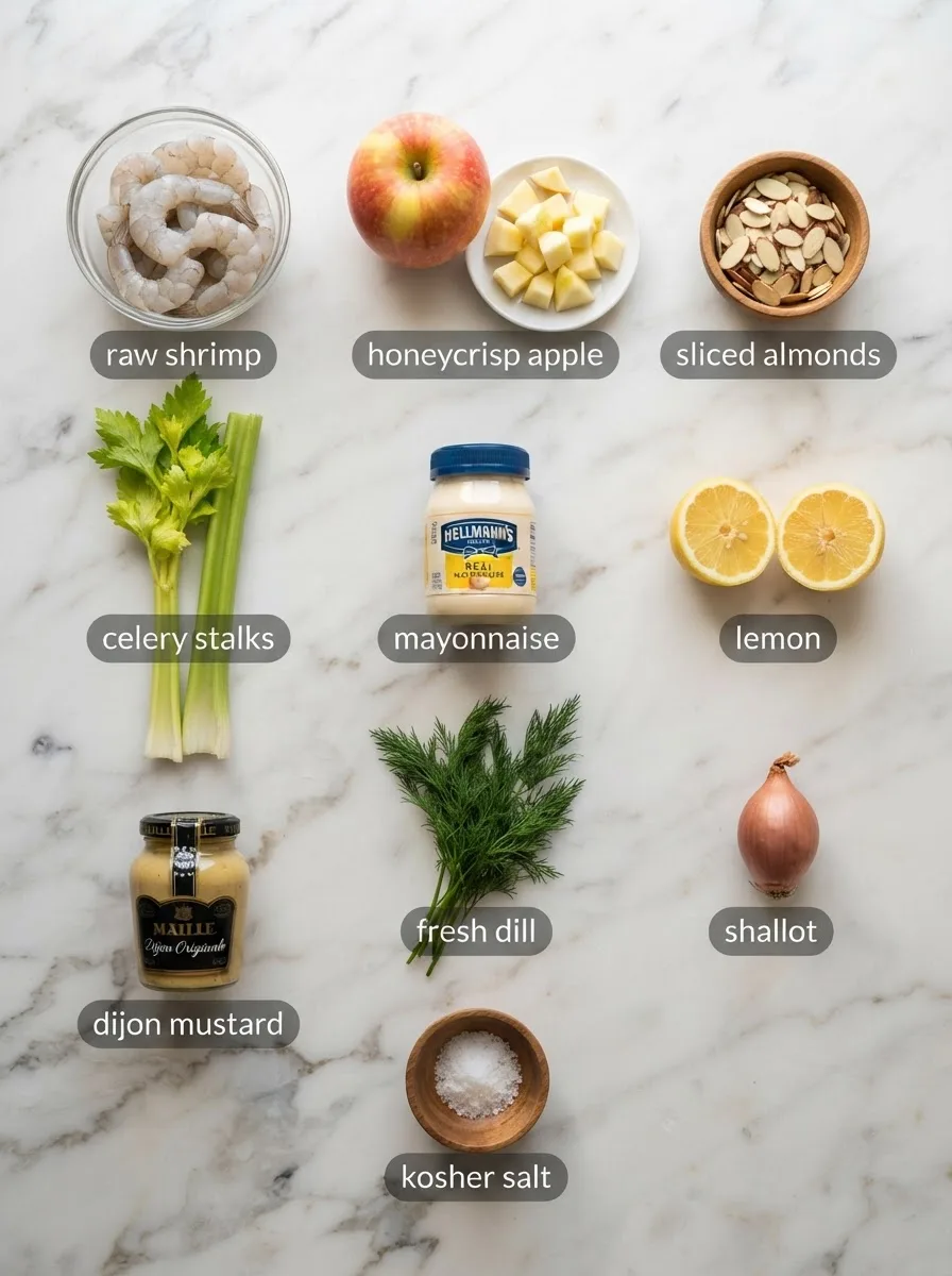 Ingredients for apple almond shrimp salad including shrimp, apple, almonds, celery, and lemon on marble