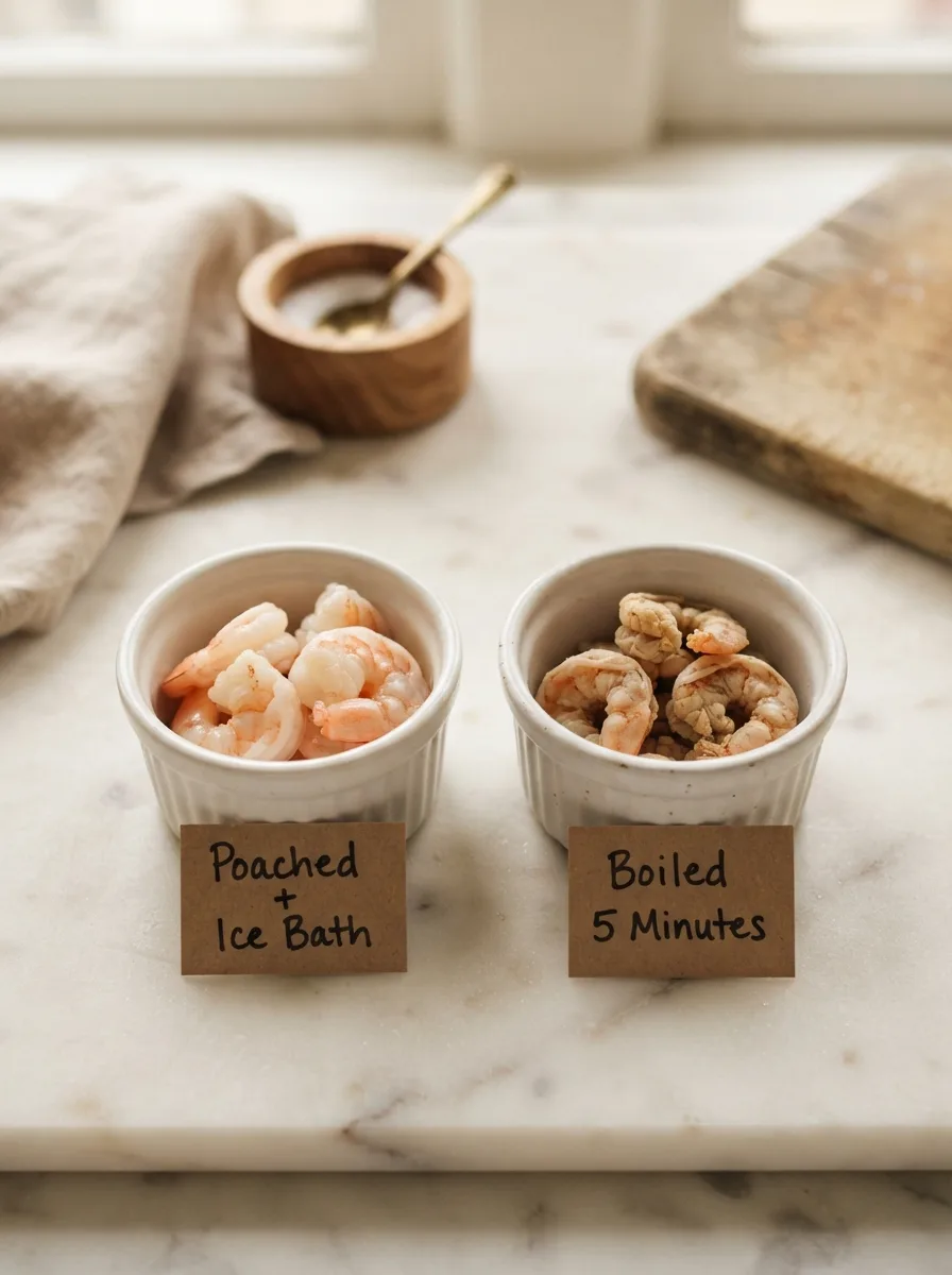 Side-by-side comparison of poached shrimp versus overboiled shrimp texture