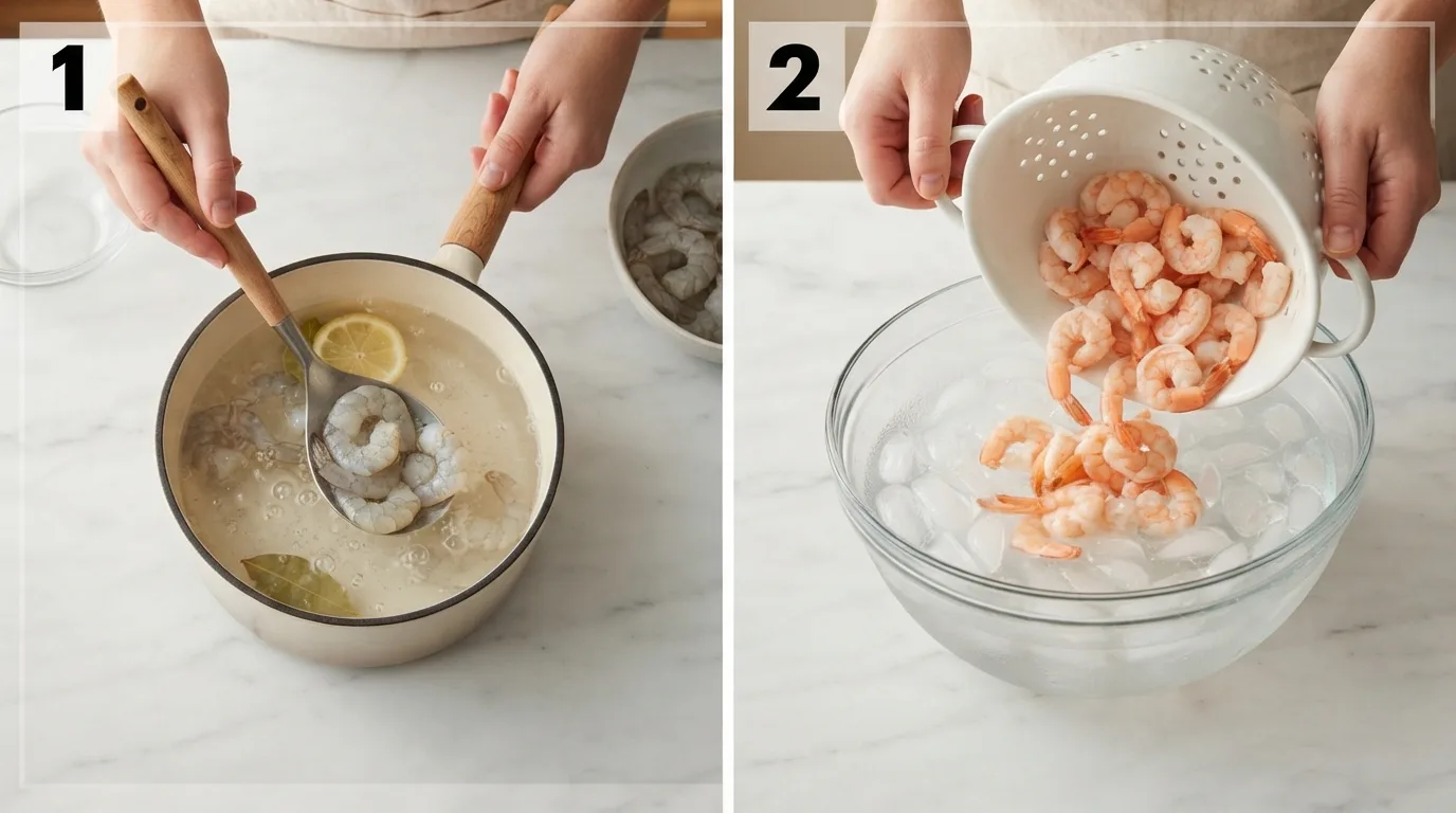 Lowering raw shrimp into a pot of gently simmering water / Pouring cooked shrimp into an ice water bath to stop cooking