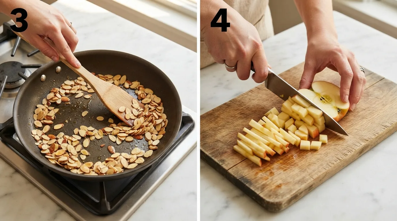 Stirring sliced almonds in a dry skillet until golden and toasted / Dicing a Honeycrisp apple into even bite-size pieces on a wooden board