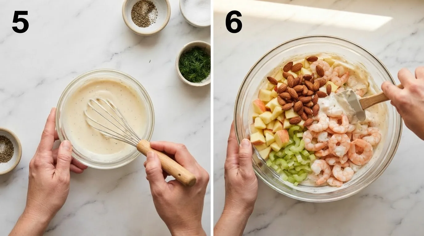 Whisking lemon Dijon dressing in a small glass bowl / Folding shrimp, apple, celery, and dressing together in a large mixing bowl