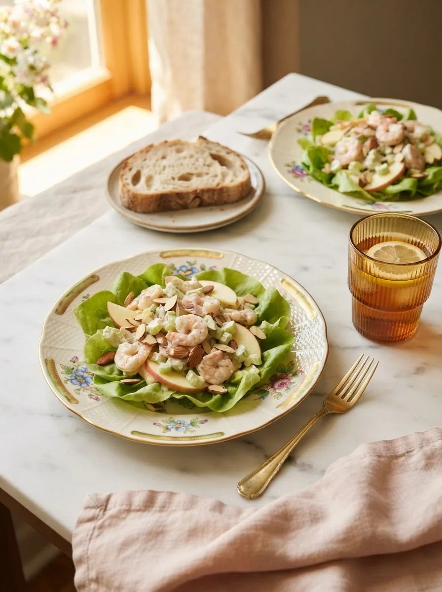 Apple almond shrimp salad served over lettuce with bread and iced tea on a table setting