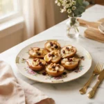 Warm baked pears with feta, honey and cranberries on a floral gold-rimmed plate