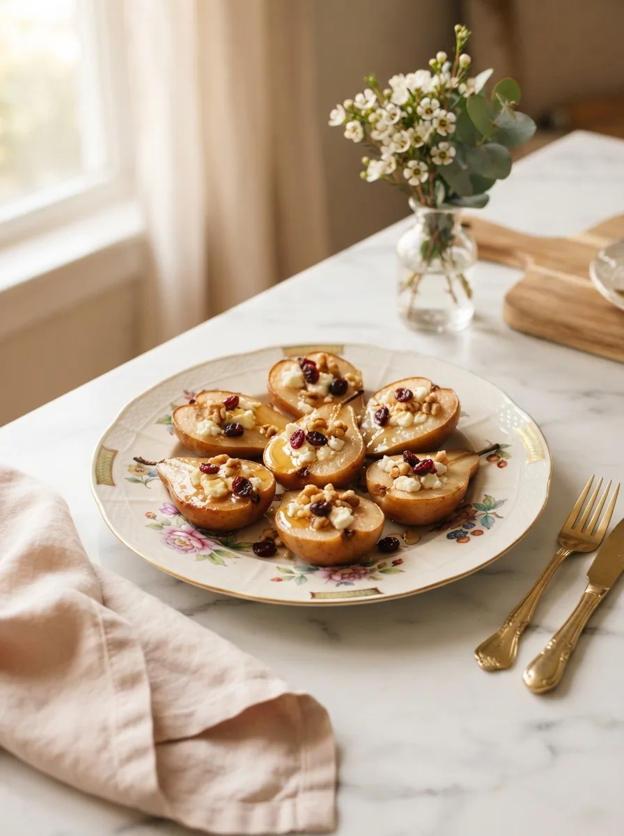 Warm baked pears with feta, honey and cranberries on a floral gold-rimmed plate