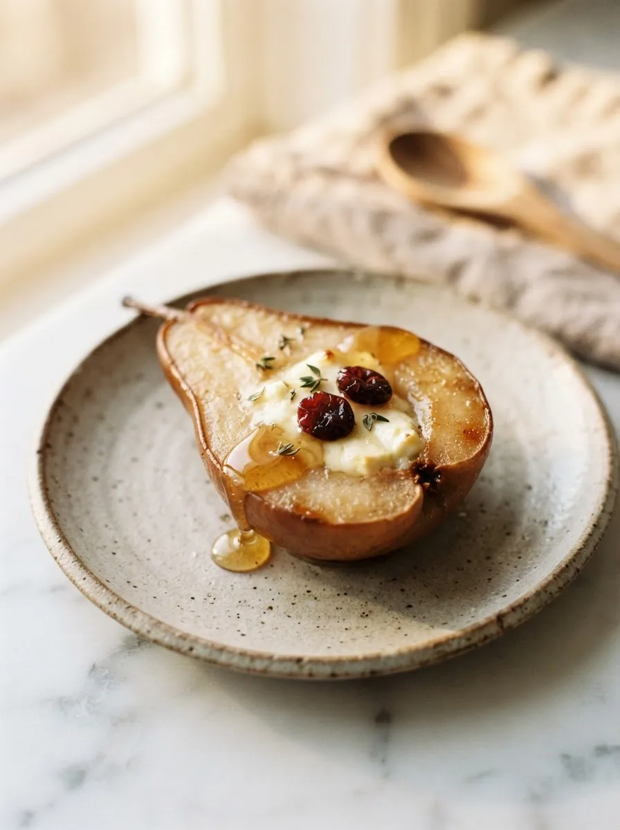 Close-up of one baked pear half with melted feta and honey pooling in the center