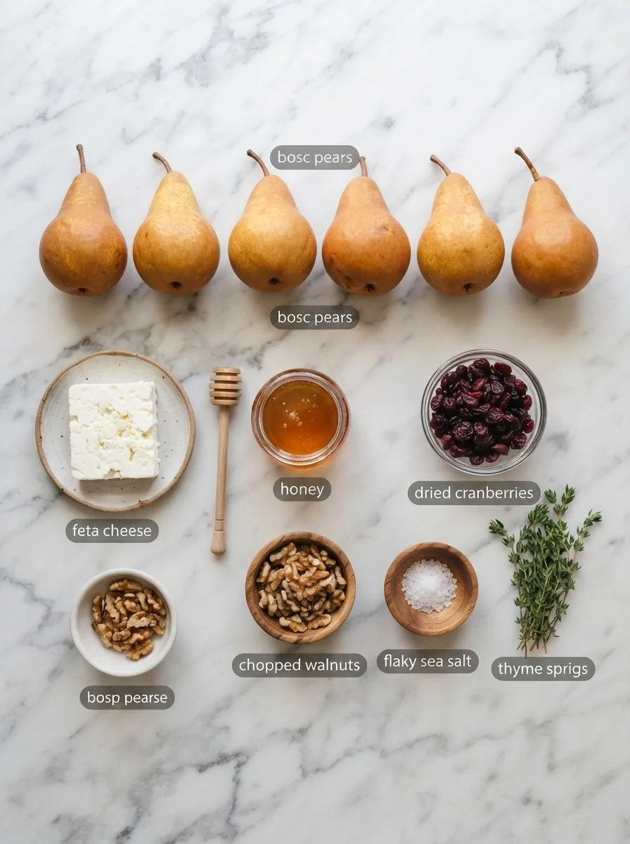 Ingredients for baked pears with feta, honey and cranberries in bowls on marble