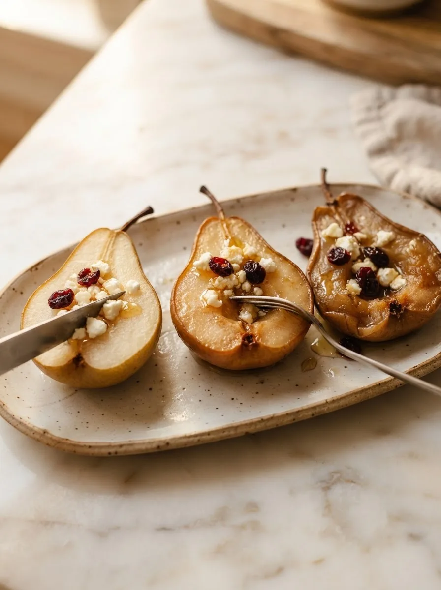 Three baked pear halves compared by ripeness showing firm, tender, and mushy texture
