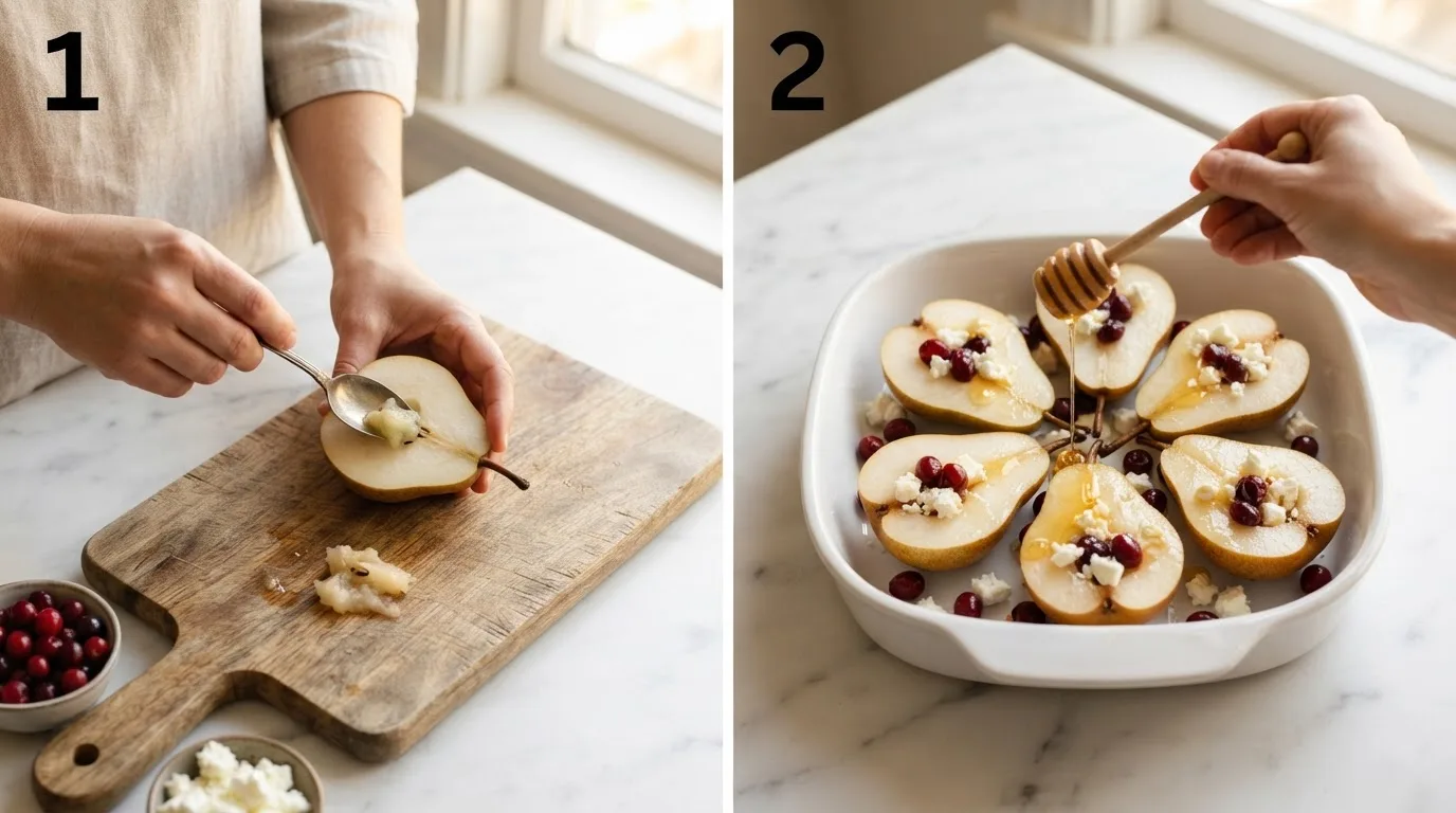 Scooping the core from a halved pear with a small spoon / Drizzling honey over pear halves arranged in a baking dish