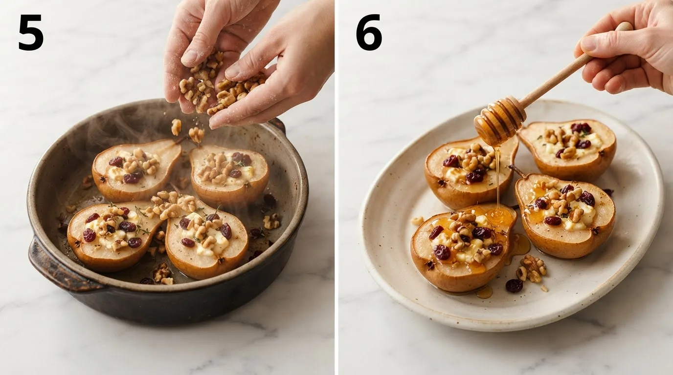 Scattering toasted walnuts over freshly baked pears straight from the oven / Drizzling extra honey over the finished baked pears