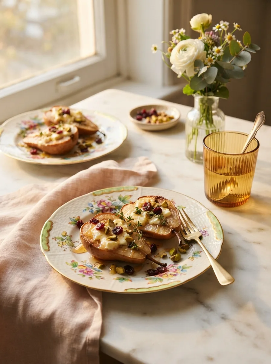 Baked pears with feta and honey styled on a table with wine and fresh flowers