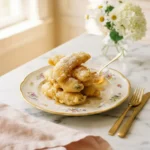 Golden crackly banana tempura pieces stacked on a floral gold-rim plate with honey drizzle