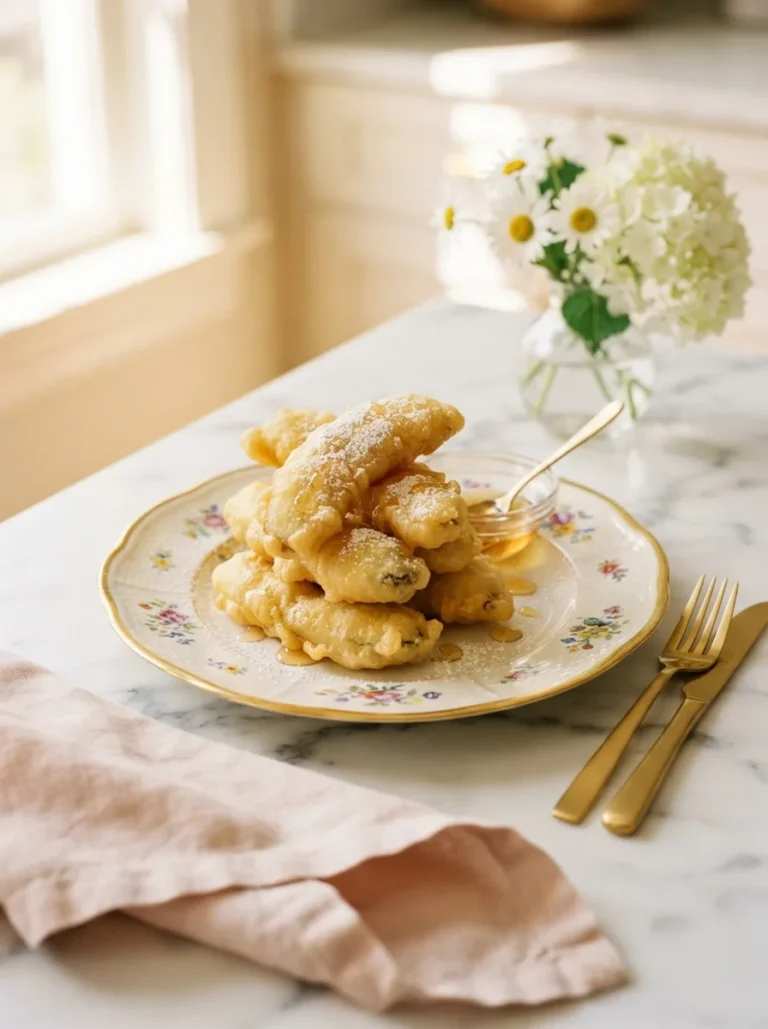 Golden crackly banana tempura pieces stacked on a floral gold-rim plate with honey drizzle