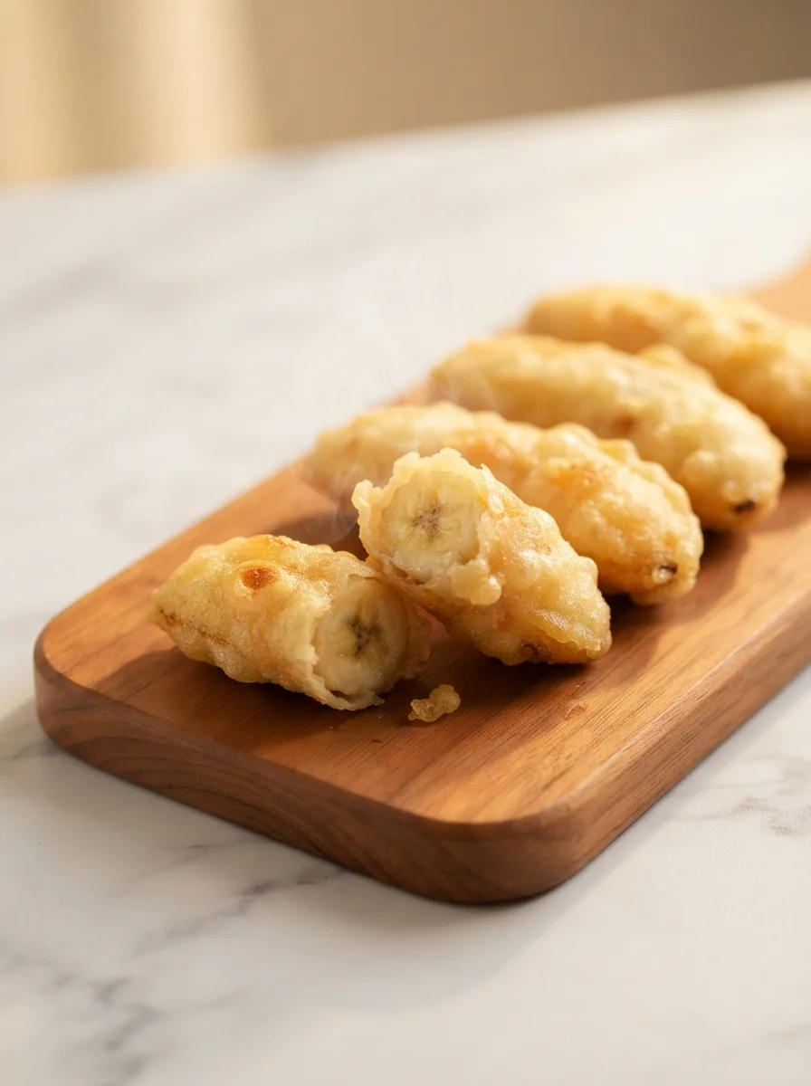 Banana tempura broken in half showing crisp golden shell and warm soft interior