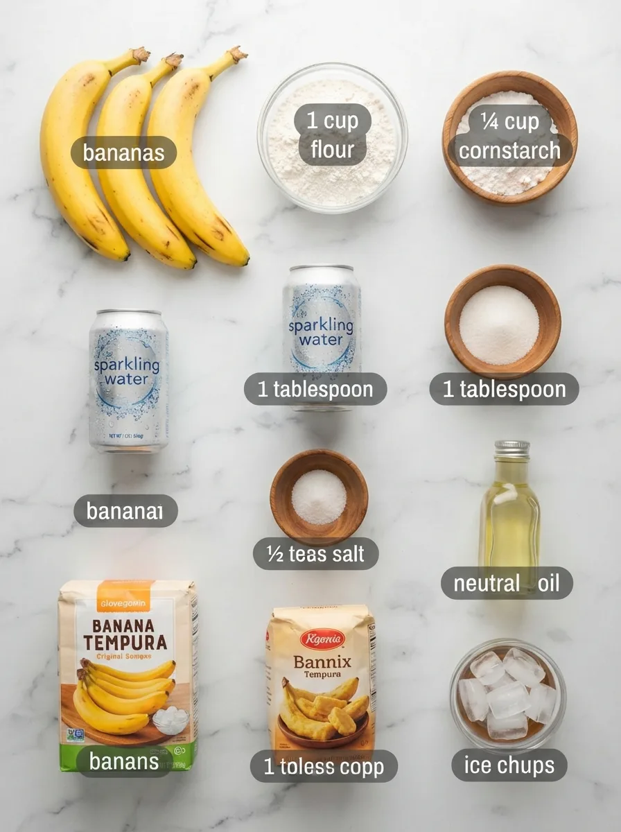 Banana tempura ingredients in bowls on marble: flour, cornstarch, sparkling water, bananas