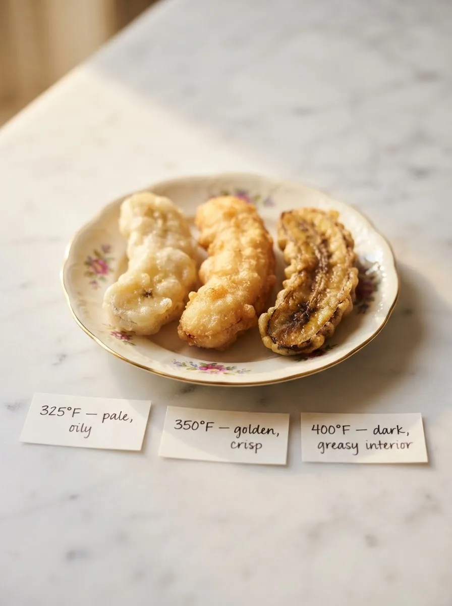 Three banana tempura pieces compared at 325, 350, and 400 degrees oil temperature