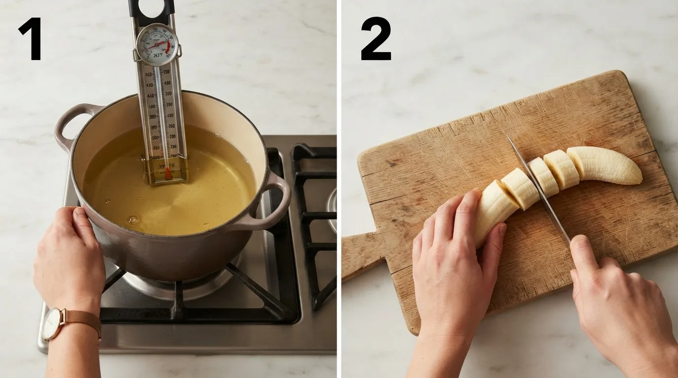 Thermometer clipped to pot reading 350 degrees for frying banana tempura / Hands slicing a firm banana diagonally into thick pieces on a wood board