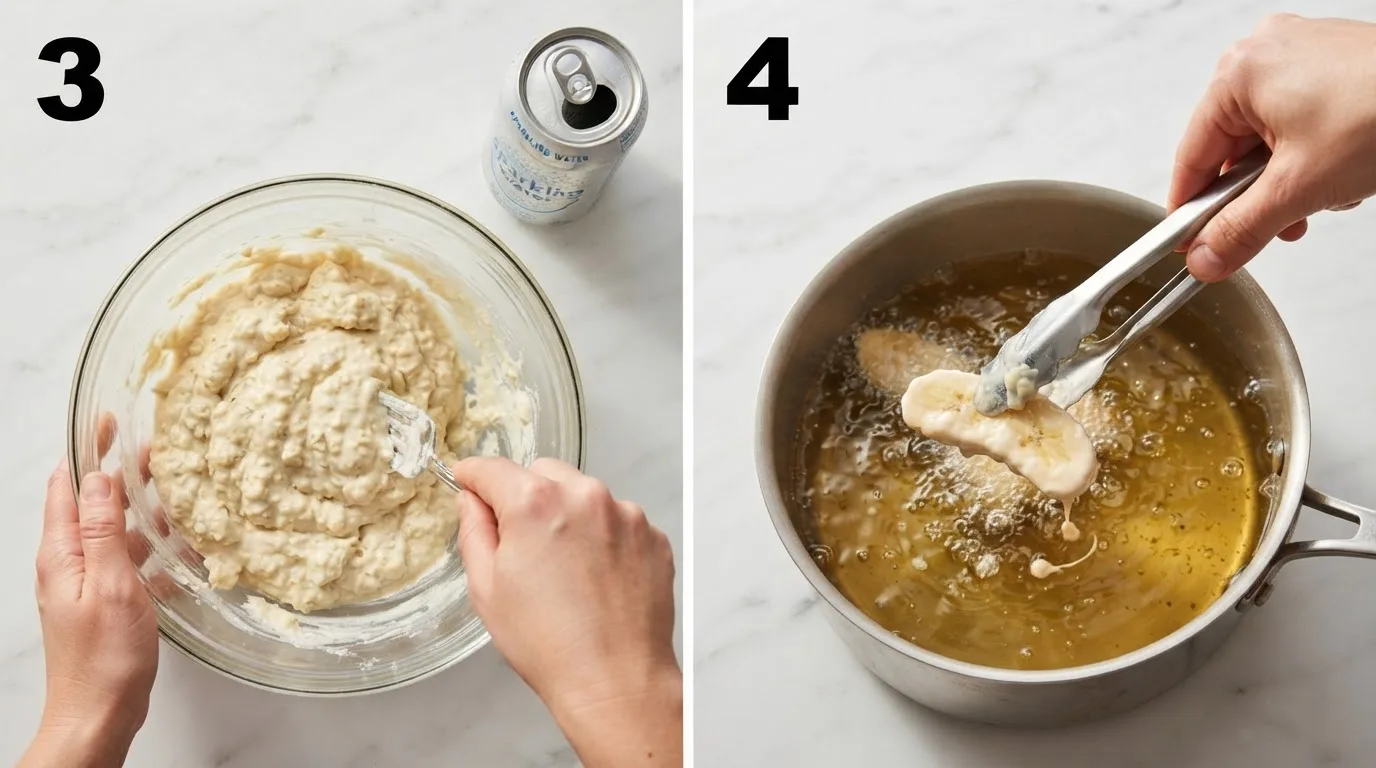 Fork stirring lumpy tempura batter in a glass bowl beside sparkling water / Battered banana piece lowered into bubbling hot oil with tongs