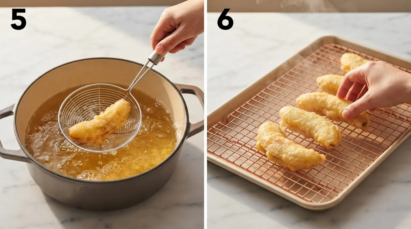 Spider strainer lifting golden fried banana tempura piece from hot oil / Finished banana tempura pieces resting on a wire rack over a sheet pan