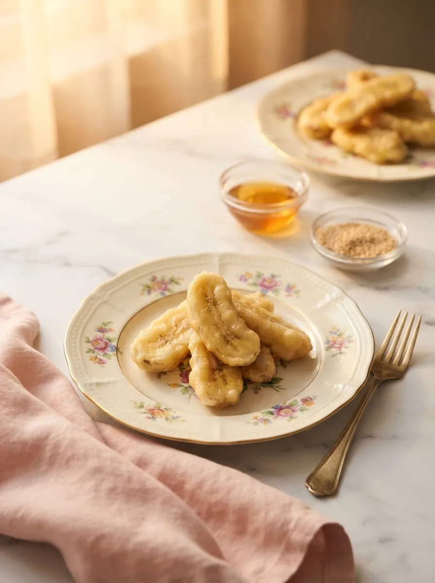 Banana tempura table scene with honey, sesame seeds, and gold flatware on marble