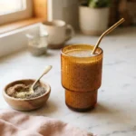 Bariatric seed drink in a ribbed glass tumbler beside a bowl of ground flax chia and hemp seeds