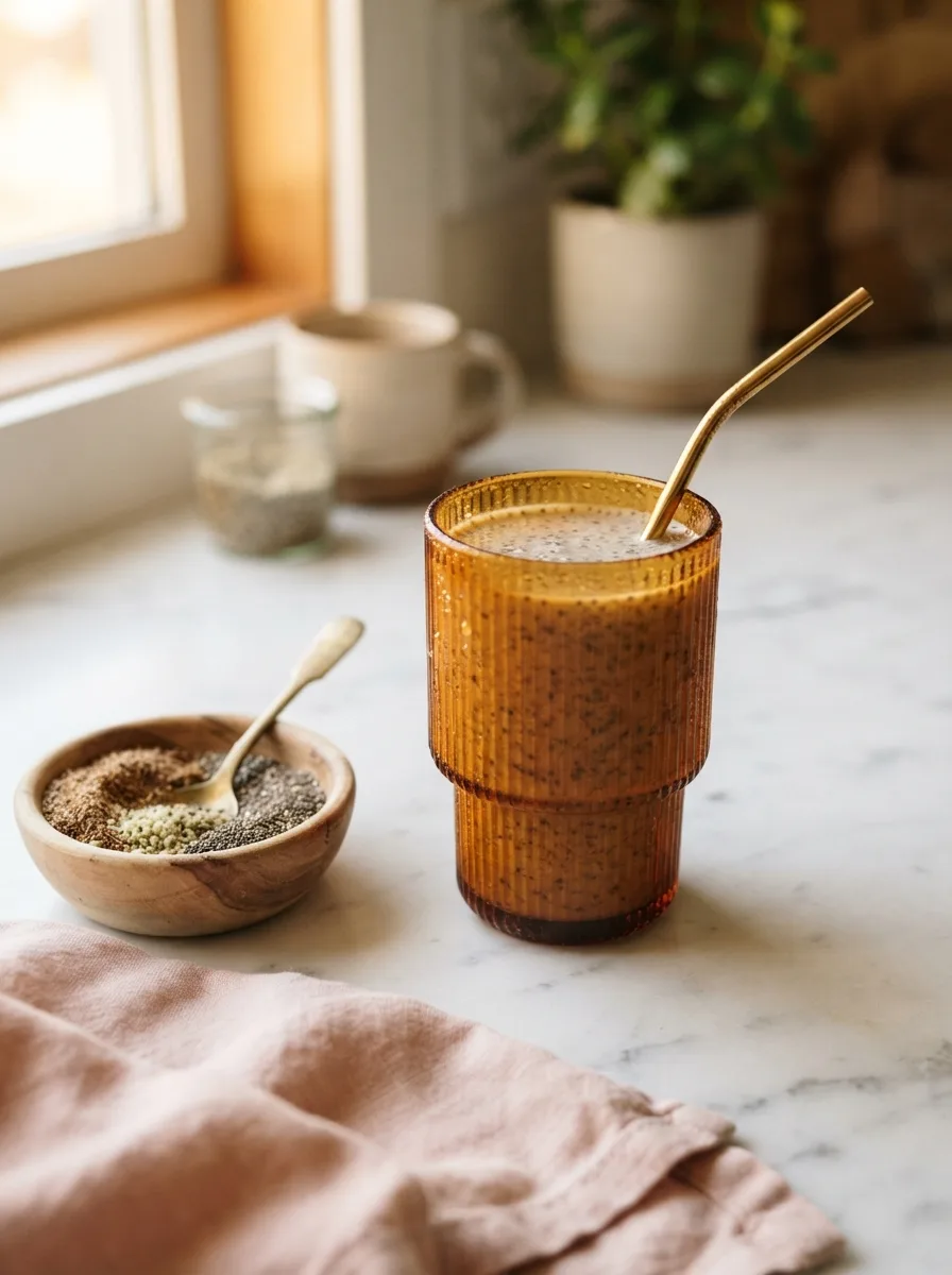 Bariatric seed drink in a ribbed glass tumbler beside a bowl of ground flax chia and hemp seeds