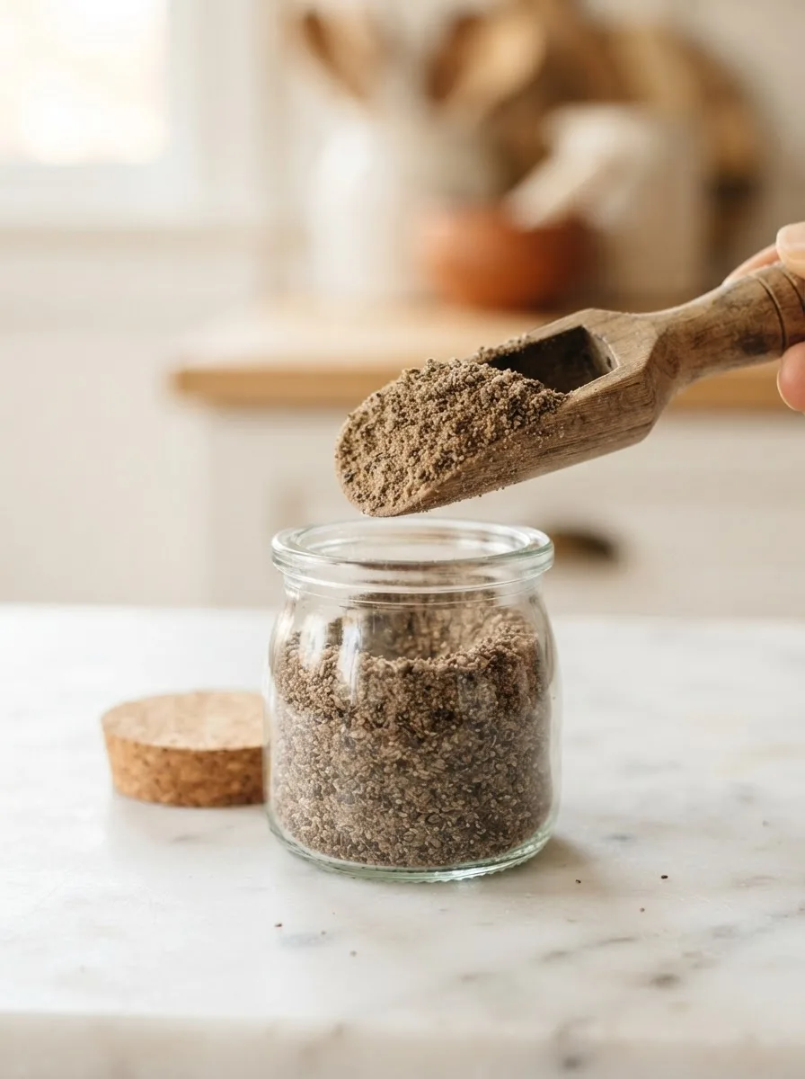 Close-up of finely ground bariatric seed mix texture on a wooden spoon