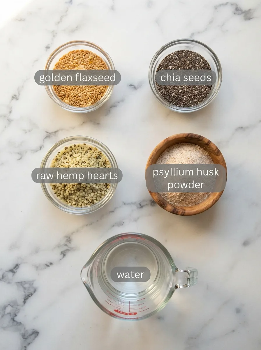 Overhead flat lay of flaxseed chia seeds hemp hearts and psyllium for bariatric seed mix