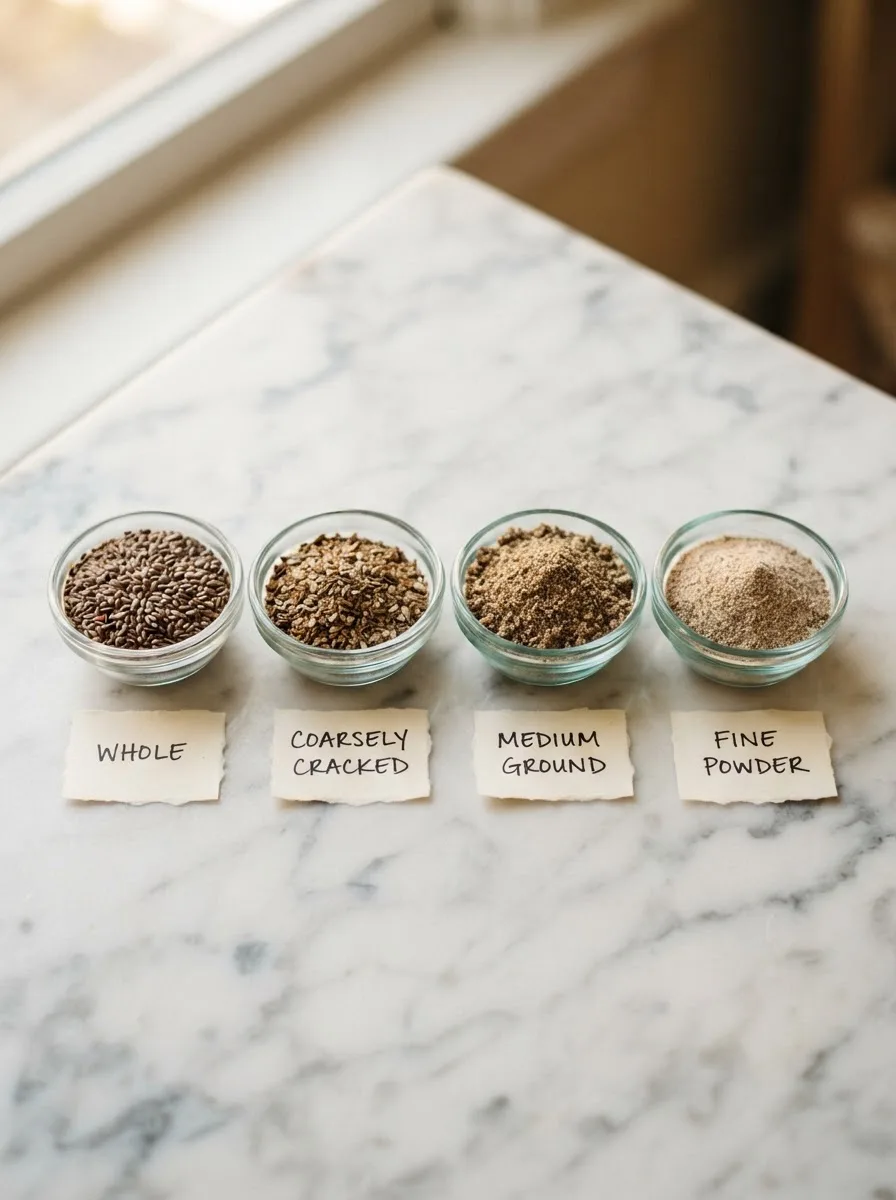 Four bowls comparing flaxseed grind sizes from whole to fine powder for a bariatric seed drink