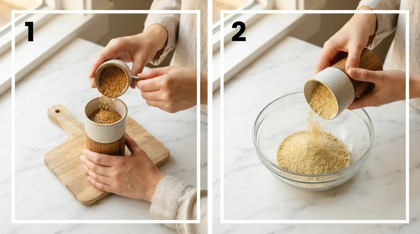 Pouring golden flaxseed into a spice grinder for bariatric seed mix / Finely ground flax powder poured into a glass mixing bowl