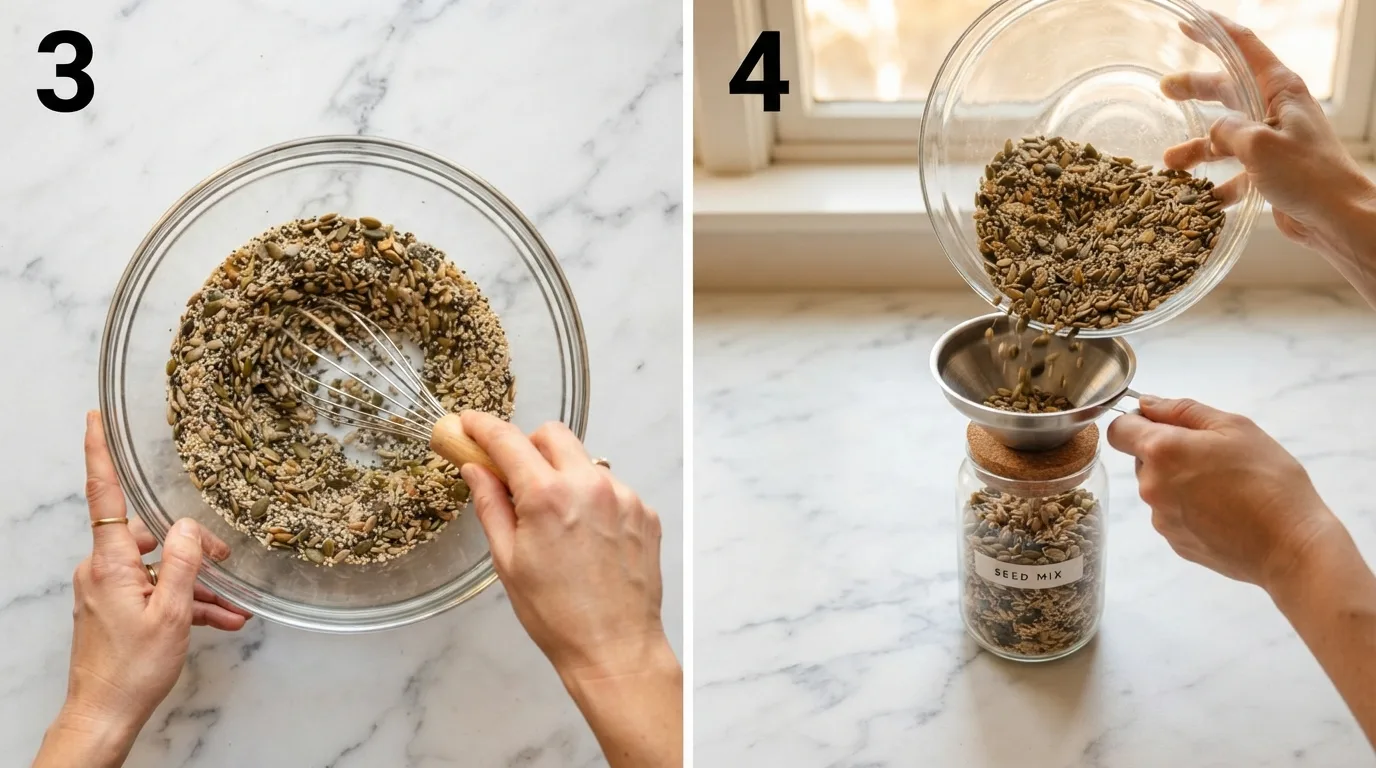 Whisking ground flax chia and hemp seed mix together in a glass bowl / Pouring finished bariatric seed mix into a glass storage jar