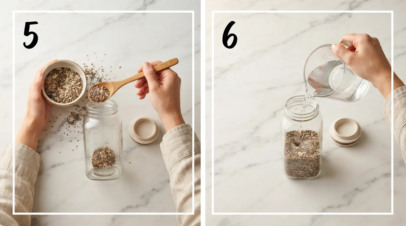 Scooping bariatric seed mix into a shaker bottle / Pouring water into a shaker bottle over seed mix