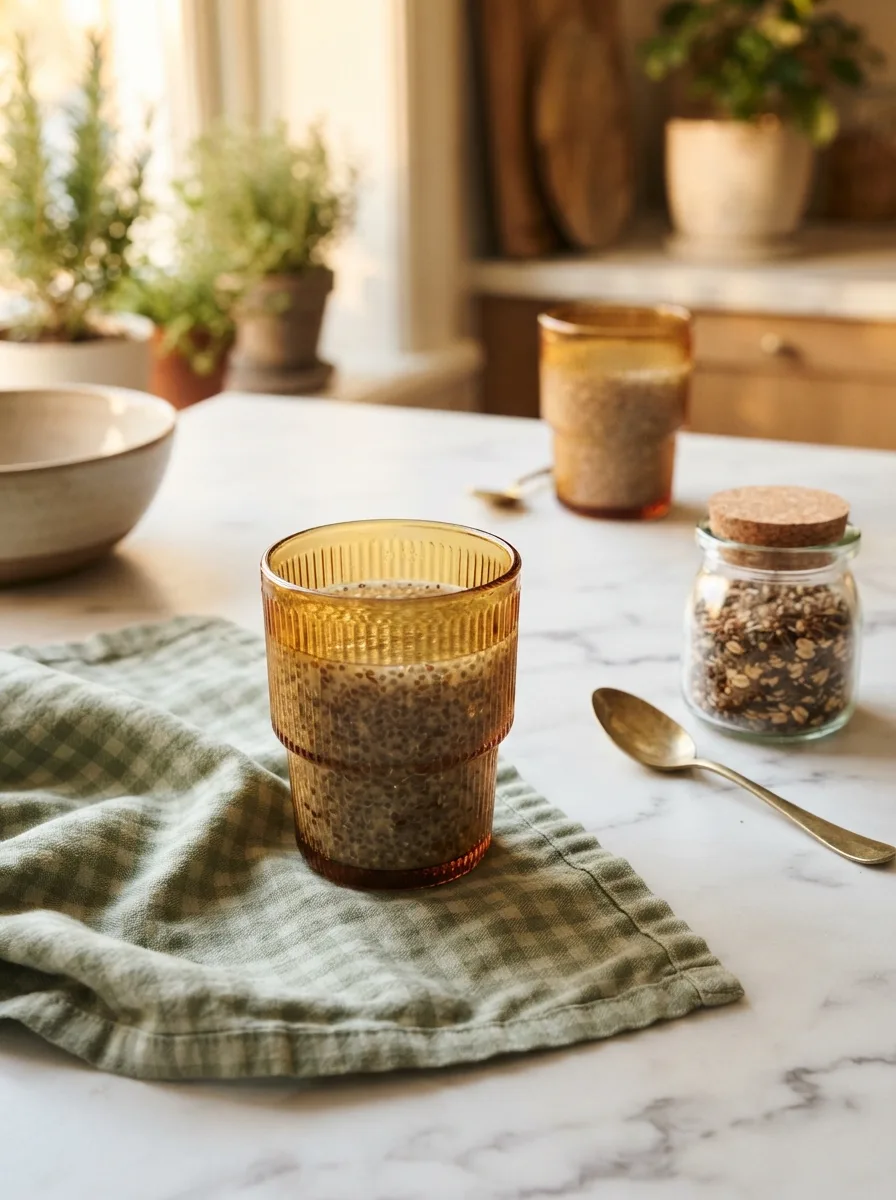 Styled table scene with bariatric seed drink and seed mix jar on marble