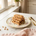 Stacked homemade big hunk recipe candy bars with roasted peanuts on a floral gold-rimmed plate