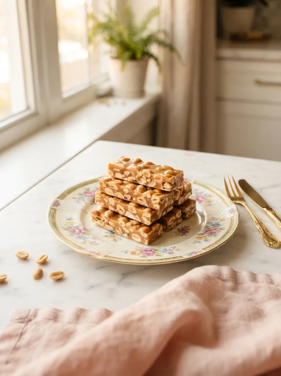 Stacked homemade big hunk recipe candy bars with roasted peanuts on a floral gold-rimmed plate