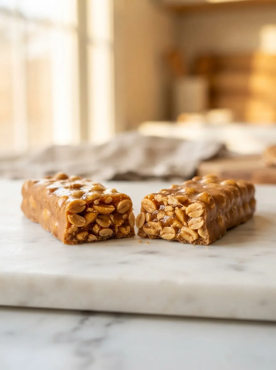 Big hunk recipe candy bar broken in half showing dense peanut nougat interior