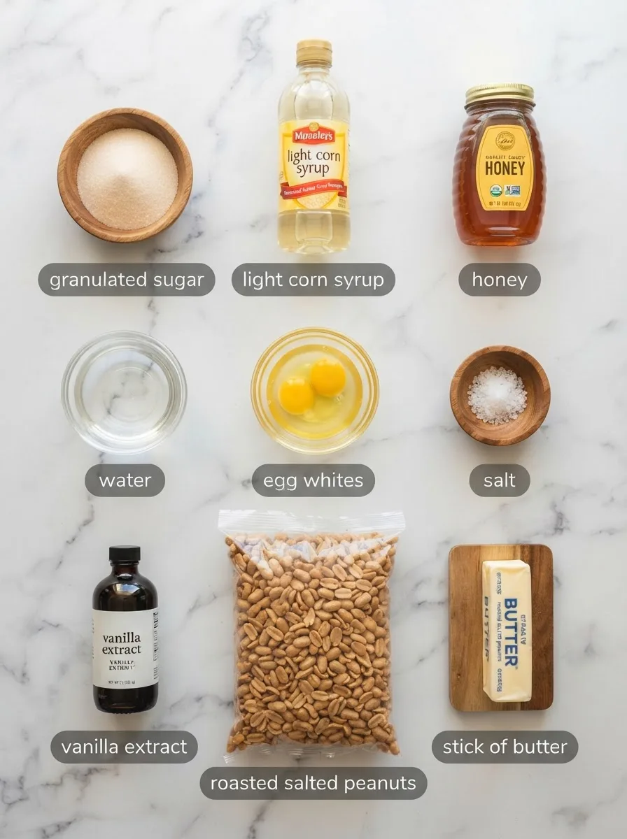 Ingredients for a big hunk recipe measured out on a marble surface including honey, corn syrup, and peanuts