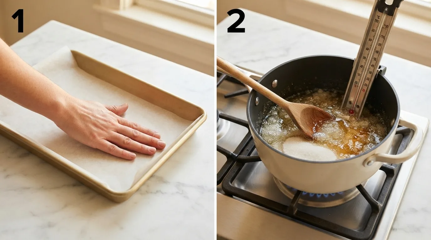 Lining a gold baking pan with parchment paper for nougat candy / Combining sugar, corn syrup, honey, and water in a saucepan with a candy thermometer