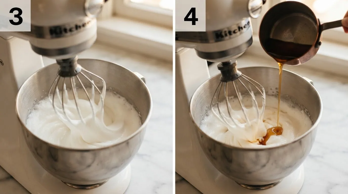 Whipping egg whites to soft peaks for peanut nougat candy / Pouring hot candy syrup in a thin stream into whipped egg whites