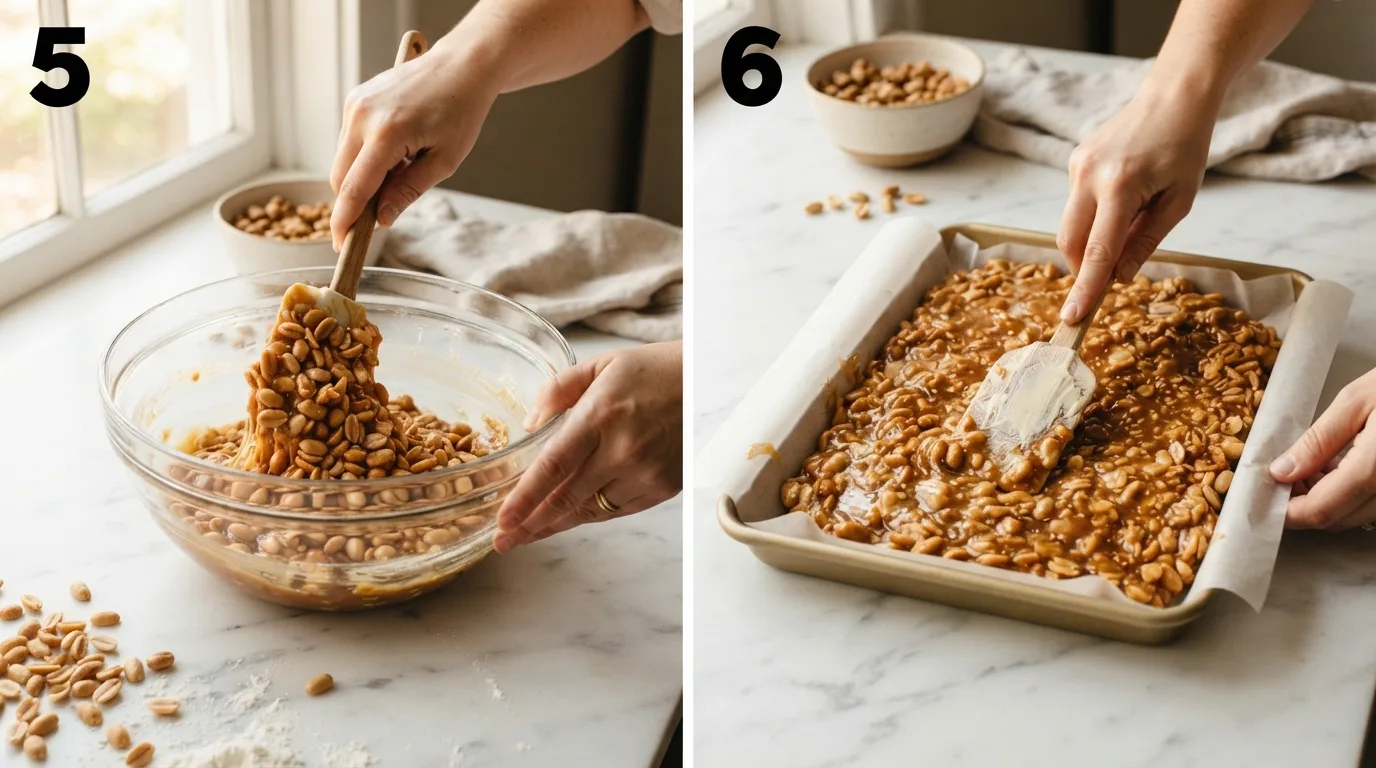 Folding roasted peanuts into thick glossy candy nougat / Pressing peanut nougat mixture evenly into a lined baking pan