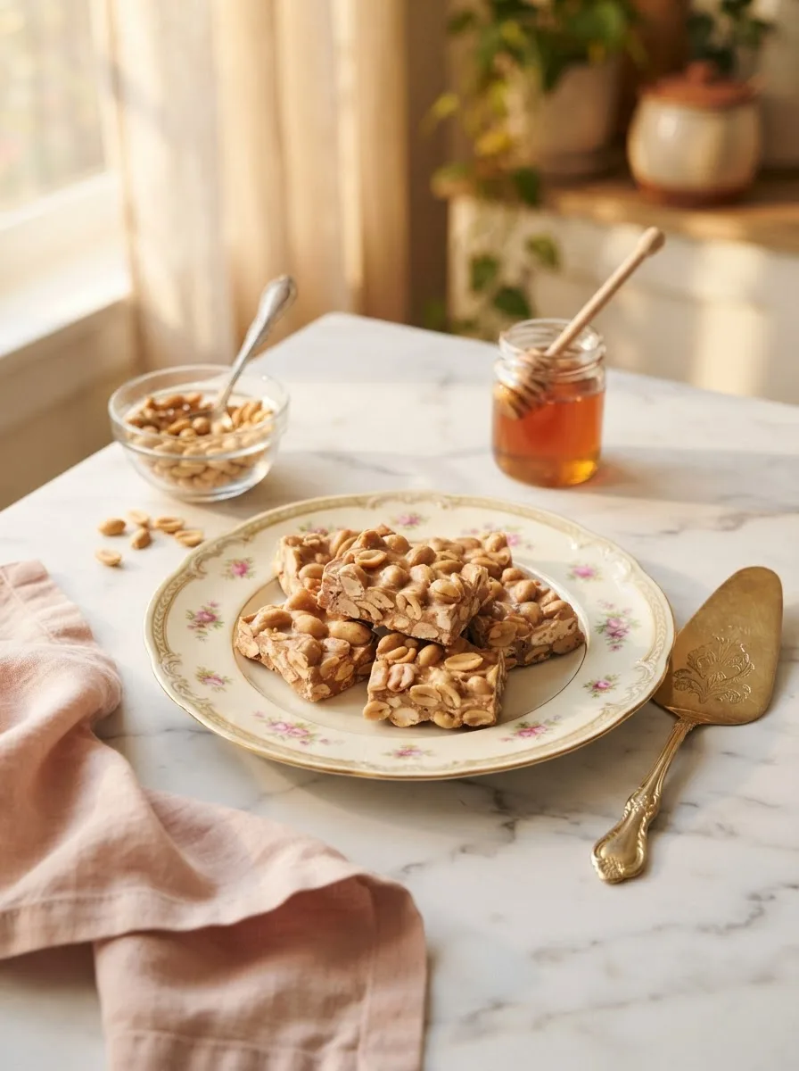 Styled table scene with homemade big hunk recipe candy bars, honey, and roasted peanuts