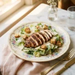 Sliced blackened chicken caesar salad with charred spice crust over crisp romaine and shaved parmesan