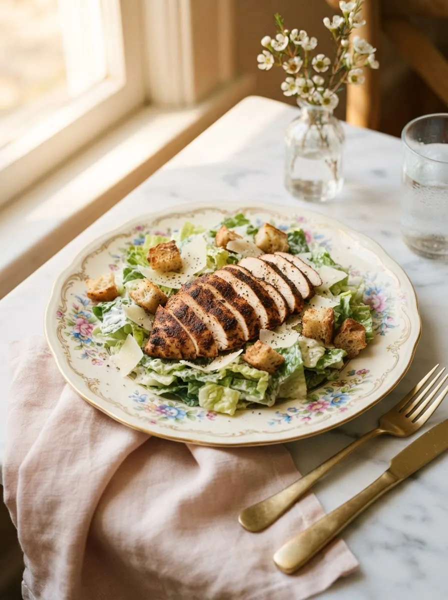 Sliced blackened chicken caesar salad with charred spice crust over crisp romaine and shaved parmesan