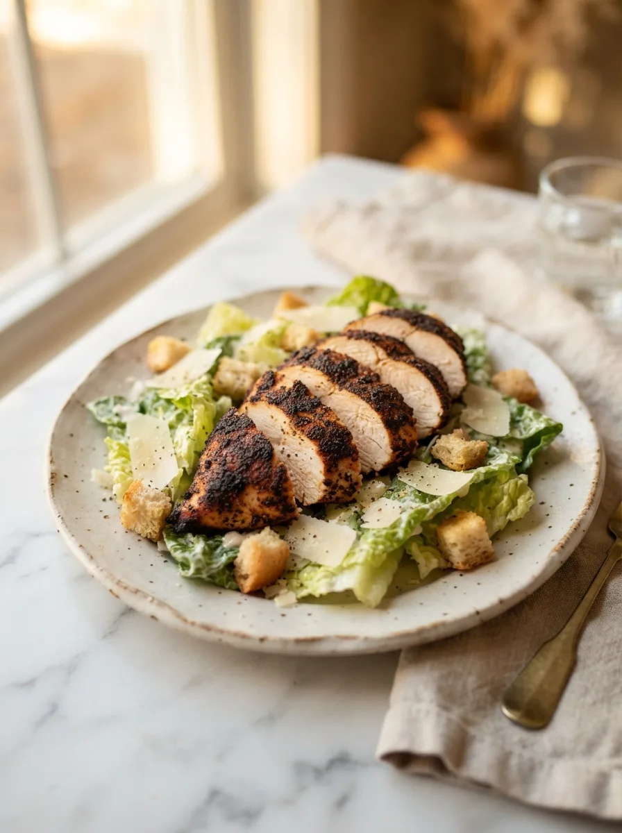 Cross-section of blackened chicken breast showing charred crust and juicy interior