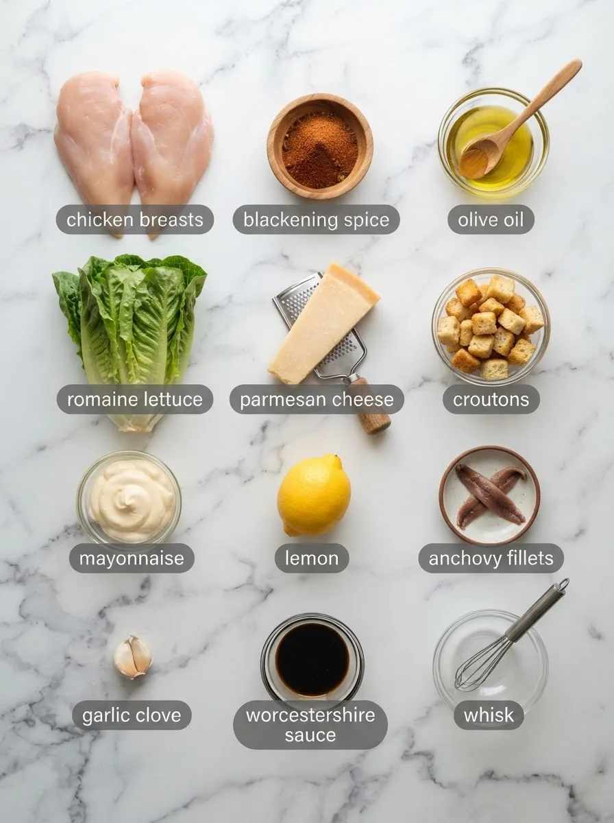 Ingredients for blackened chicken caesar salad including chicken, spices, romaine, and parmesan