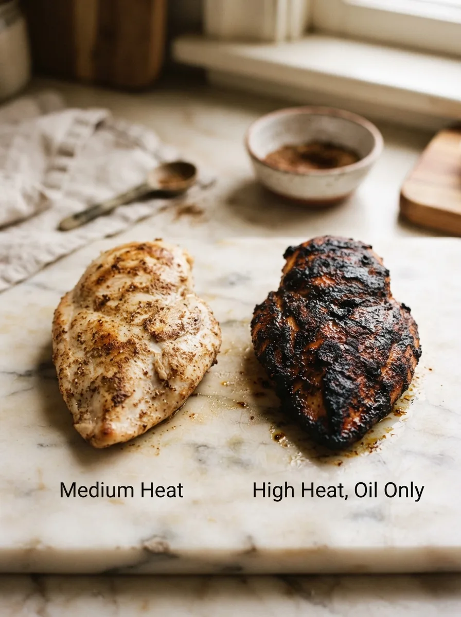 Comparison of blackened chicken crust cooked at medium heat versus high heat